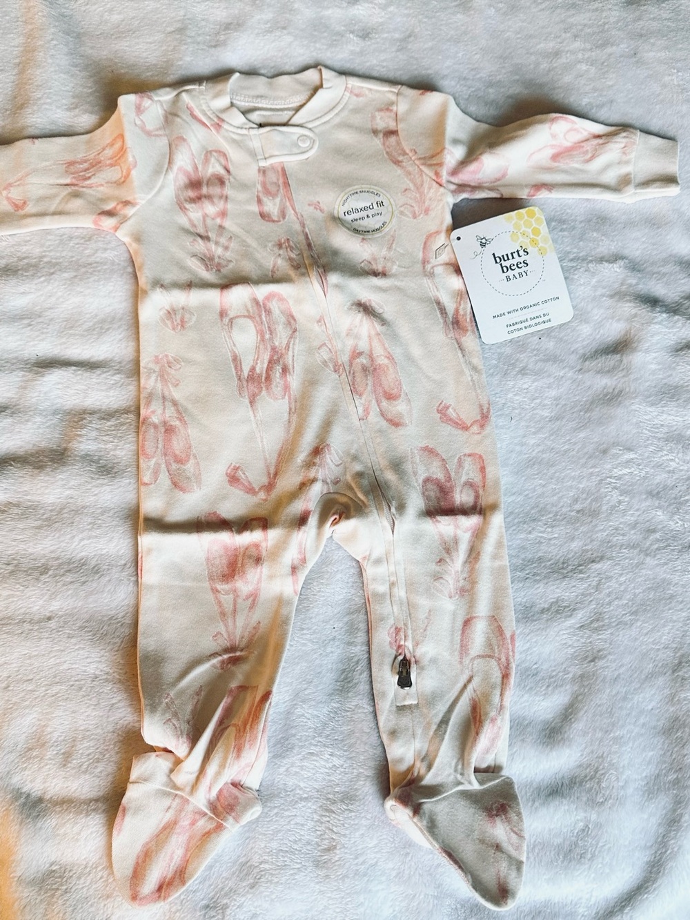 Burt's Bees Baby Pink Ballet Slipper Print Footed One-Piece